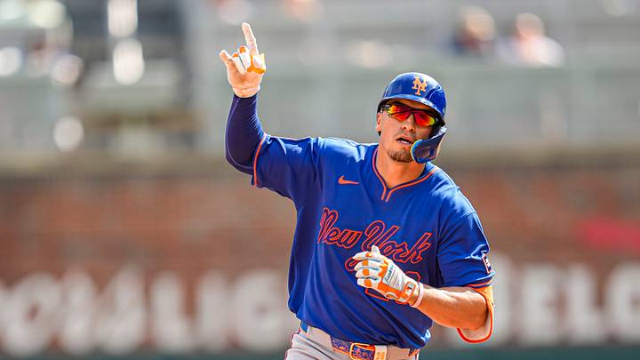 Jul 5, 2026; Cumberland, Georgia, USA; New York Mets center fielder Tyrone Taylor (28) reacts after hitting a home run against the Atlanta Braves during the ninth inning at Truist Park. Mandatory Credit: Dale Zanine-Imagn Images