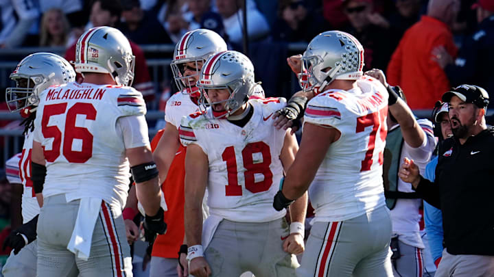 Ohio State Buckeyes quarterback Will Howard (18) reacts after running for a first down late in the second half of the NCAA football game against the Penn State Nittany Lions at Beaver Stadium in University Park, Pa. on Saturday, Nov. 2, 2024. Ohio State won 20-13.