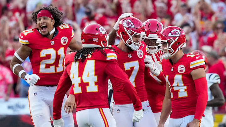 Kansas City Chiefs place kicker Harrison Butker (7) celebrates after kicking the game-winning field goal as time expires in the fourth quarter of the NFL Week 2 game between the Kansas City Chiefs and the Cincinnati Bengals at Arrowhead Stadium in Kansas City on Sunday, Sept. 15, 2024. The Chiefs took a 26-25 win with a go-ahead field goal as time expired.