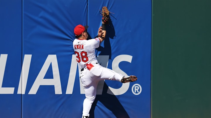 Sep 14, 2025; Cleveland, Ohio, USA; Cleveland Guardians left fielder Steven Kwan (38) catches a ball hit by Chicago White Sox left fielder Will Robertson (not pictured) during the second inning at Progressive Field. Mandatory Credit: Ken Blaze-Imagn Images