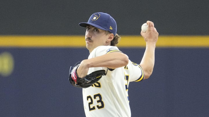 Milwaukee Brewers starting pitcher Brandon Sproat (23) delivers  a pitch against the Toronto Blue Jays in the first inning at American Family Field. 