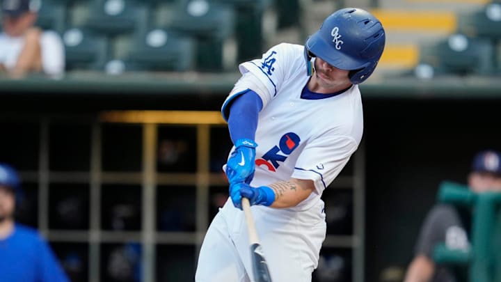 Oklahoma City's Dalton Rushing (21) flies out during a baseball game between the Oklahoma City Baseball Club and the Round Rock Express at the Chickasaw Bricktown Ballpark in Oklahoma City, Wednesday, Aug. 7, 2024.