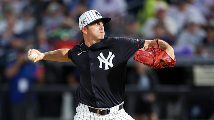 Mar 14, 2025; Tampa, Florida, USA; New York Yankees pitcher Allan Winans  (62) throws a pitch against the Philadelphia Phillies in the fifth inning during spring training at George M. Steinbrenner Field. Mandatory Credit: Nathan Ray Seebeck-Imagn Images