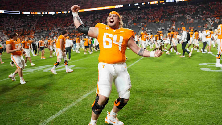 Oct 12, 2024; Knoxville, Tennessee, USA; Tennessee Volunteers offensive lineman Ayden Bussell (64) reacts after a game against the Florida Gators at Neyland Stadium. Mandatory Credit: Caitie McMekin/USA TODAY Network via Imagn Images
