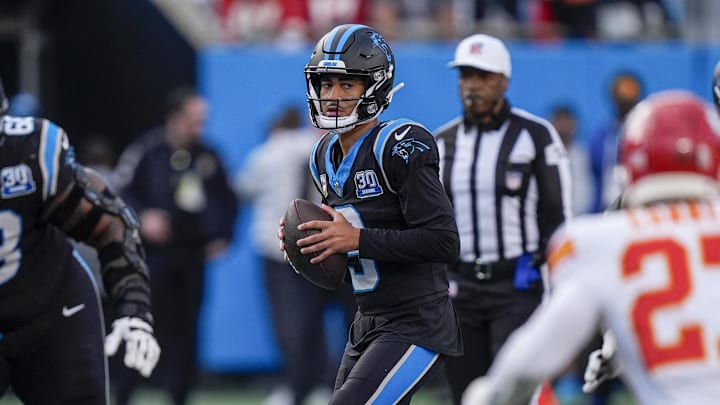 Nov 24, 2024; Charlotte, North Carolina, USA; Carolina Panthers quarterback Bryce Young (9) drops back to pass against the Kansas City Chiefs during the second half at Bank of America Stadium.