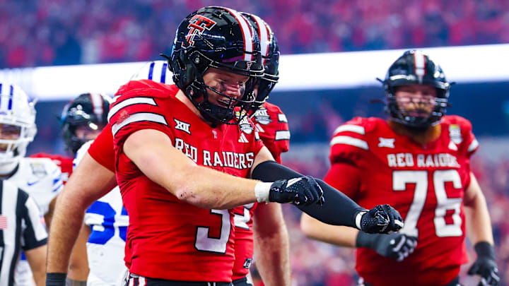 Texas Tech Red Raiders wide receiver Coy Eakin (3) celebrates after scoring a touchdown during the second half against the BYU Cougars at AT&T Stadium.