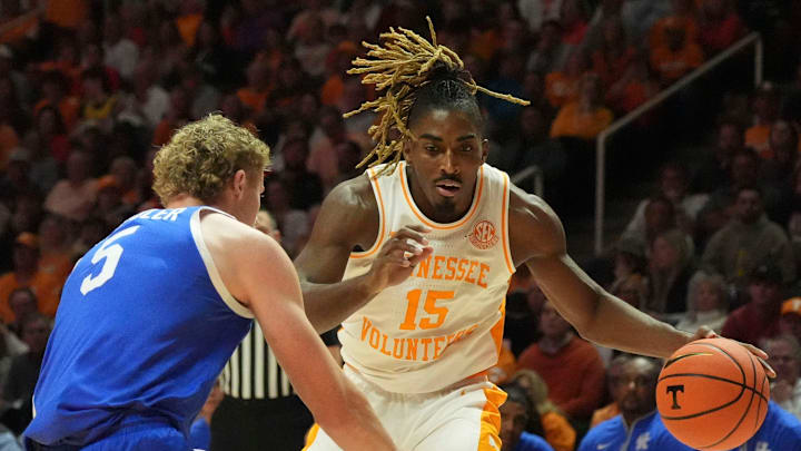 Jahmai Mashack drives on Collin Chandler during No. 8 Tennessee's 78–73 loss to No. 12 Kentucky on Jan. 28, 2025. 