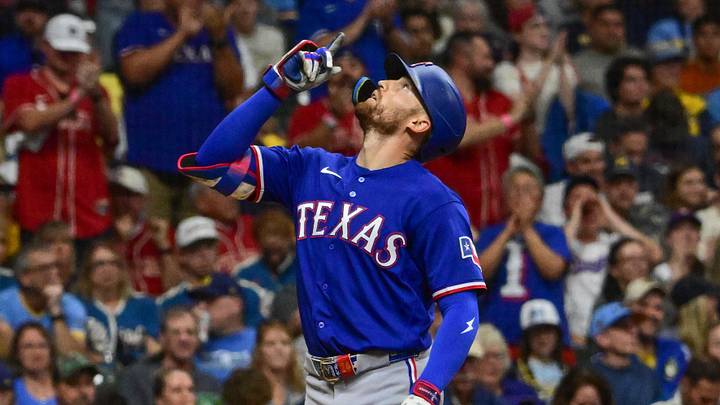 Texas Rangers right fielder Brandon Nimmo. Credit: Benny Sieu-Imagn Images