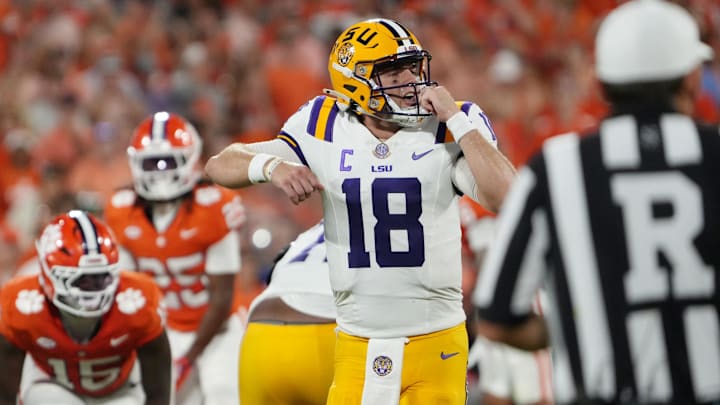 Aug 30, 2025; Clemson, South Carolina, USA; LSU Tigers quarterback Garrett Nussmeier (18) looks on before a play against the Clemson Tigers during the first quarter at Memorial Stadium. Mandatory Credit: Ken Ruinard-USA TODAY Network via Imagn Images