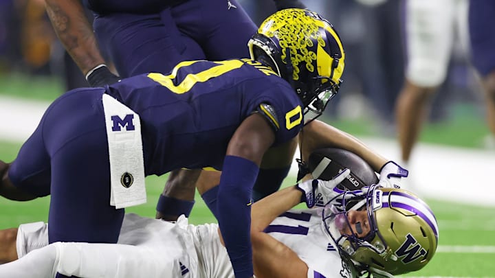 Jan 8, 2024; Houston, TX, USA; Michigan Wolverines defensive back Mike Sainristil (0) tackles