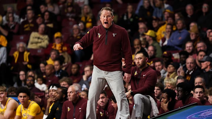 Dec 3, 2025; Minneapolis, Minnesota, USA; Minnesota Golden Gophers head coach Niko Medved reacts during the second half against the Indiana Hoosiers at Williams Arena. Mandatory Credit: Matt Krohn-Imagn Images