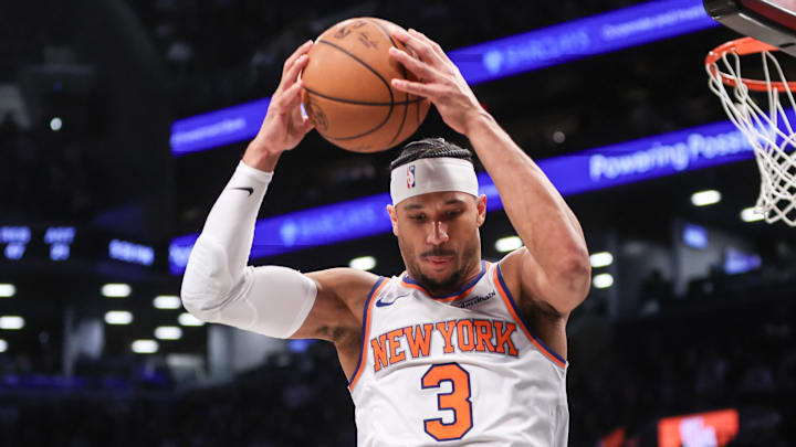 Jan 21, 2025; Brooklyn, New York, USA;  New York Knicks guard Josh Hart (3) grabs a rebound in the fourth quarter against the Brooklyn Nets at Barclays Center. Mandatory Credit: Wendell Cruz-Imagn Images