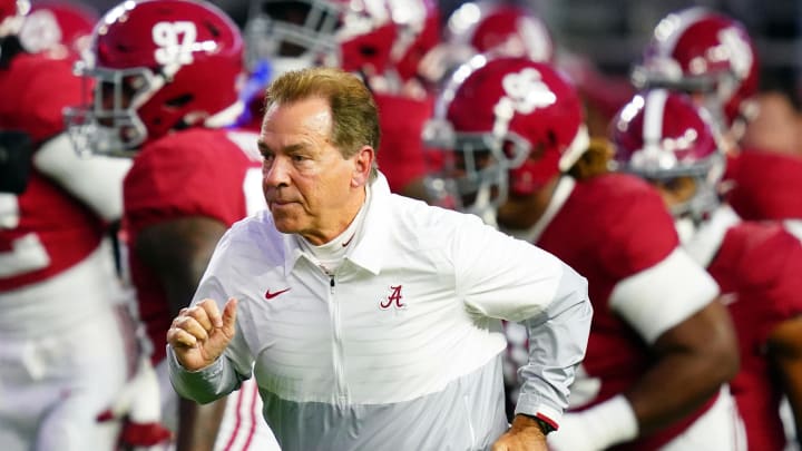 Nov 4, 2023; Tuscaloosa, Alabama, USA; Alabama Crimson Tide head coach Nick Saban runs onto the field before their game against the LSU Tigers at Bryant-Denny Stadium. 
