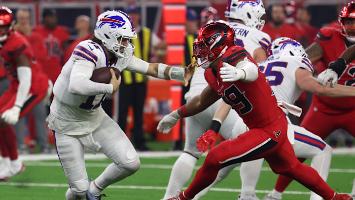 Nov 20, 2025; Houston, Texas, USA; Houston Texans linebacker Henry To'oTo'o (39) sacks Buffalo Bills quarterback Josh Allen (17)