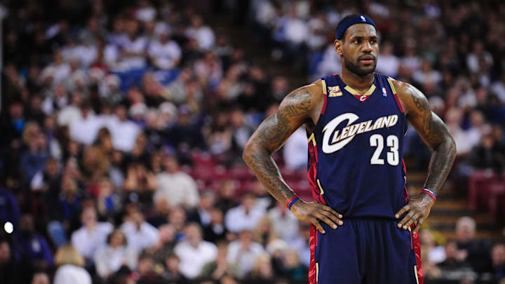 December 23, 2009; Sacramento, CA, USA; Cleveland Cavaliers forward LeBron James (23) rests during free throws in the second quarter against the Sacramento Kings at Arco Arena. The Cavaliers defeated the Kings 117-104. Mandatory Credit: Kyle Terada-Imagn Images