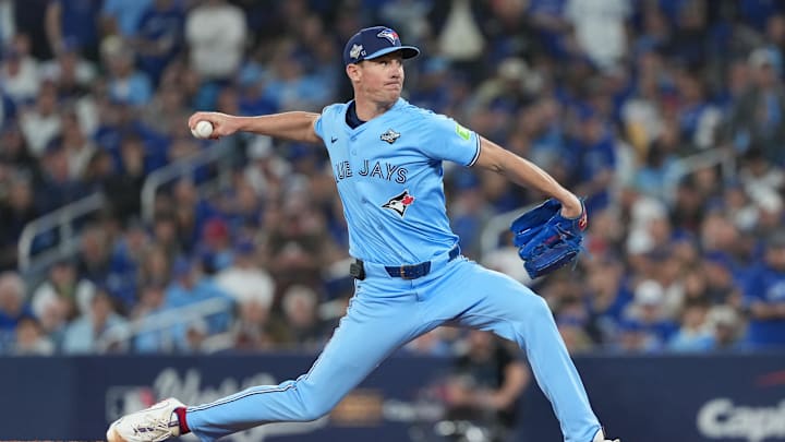 Oct 31, 2025; Toronto, Ontario, CAN; Toronto Blue Jays pitcher Chris Bassitt (40) throws a pitch in the ninth inning for game six of the 2025 MLB World Series at Rogers Centre. Mandatory Credit: Nick Turchiaro-Imagn Images