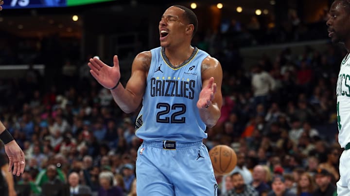 Mar 31, 2025; Memphis, Tennessee, USA; Memphis Grizzlies guard Desmond Bane (22) reacts after a foul call during the third quarter against the Boston Celtics at FedExForum. Mandatory Credit: Petre Thomas-Imagn Images