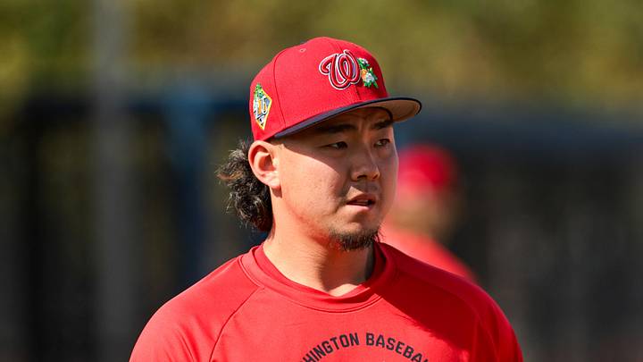 Feb 16, 2026; West Palm Beach, FL, USA; Washington Nationals pitcher Shinnosuke Ogasawara (16) looks on during a spring training workout at CACTI Park of The Palm Beaches. Mandatory Credit: Sam Navarro-Imagn Images