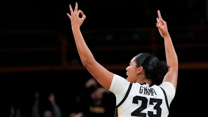 Iowa forward Jada Gyamfi (23) reacts after knocking down a 3-pointer Nov. 9, 2025 during a women’s basketball game against the Evansville Purple Aces at Carver-Hawkeye Arena in Iowa City, Iowa.