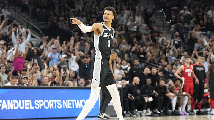 Oct 28, 2024; San Antonio, Texas, USA; San Antonio Spurs center Victor Wembanyama (1) reacts during the second half against the Houston Rockets at Frost Bank Center. Mandatory Credit: Scott Wachter-Imagn Images