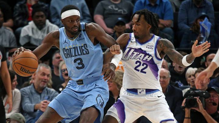 Oct 21, 2026; Memphis, Tennessee, USA; Memphis Grizzlies forward Jerami Grant (3) dribbles against Utah Jazz guard Darryn Peterson (22) during the fourth quarter at FedExForum. Mandatory Credit: Petre Thomas-Imagn Images Oct 21, 2026; Memphis, Tennessee, USA; Memphis Grizzlies forward Jerami Grant (3) dribbles against Utah Jazz guard Darryn Peterson (22) during the fourth quarter at FedExForum. Mandatory Credit: Petre Thomas-Imagn Images