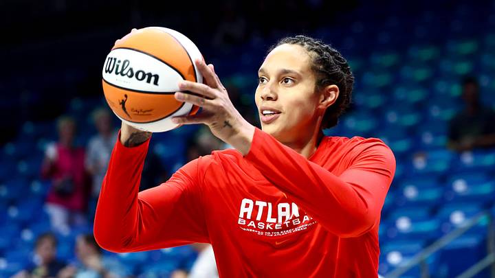 Jul 30, 2025; Arlington, Texas, USA; Atlanta Dream center Brittney Griner (42) warms up  before the game against the Dallas Wings at College Park Center. Mandatory Credit: Kevin Jairaj-Imagn Images