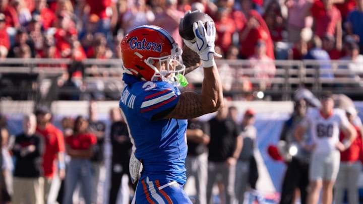 Florida Gators wide receiver Eugene Wilson III (3) hauls in a reception in the first quarter in an NCAA football game, Saturday, Nov. 1, 2025, at EverBank Stadium in Jacksonville, Fla. 