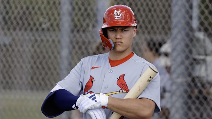Feb 16, 2026; Jupiter, FL, USA;  St. Louis Cardinals infielder JJ Wetherholt (77) during spring training workouts at Roger Dean Stadium. Mandatory Credit: Reinhold Matay-Imagn Images