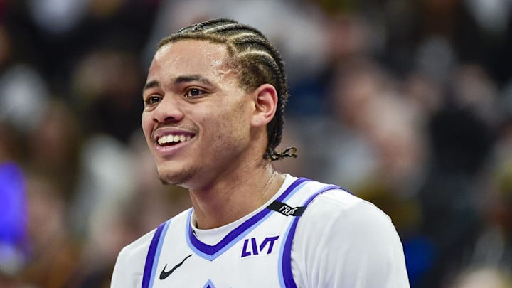 Jan 22, 2026; Salt Lake City, Utah, USA; Utah Jazz guard Keyonte George (3) reacts to a call during the first half against the San Antonio Spurs at Delta Center. Mandatory Credit: Peter Creveling-Imagn Images