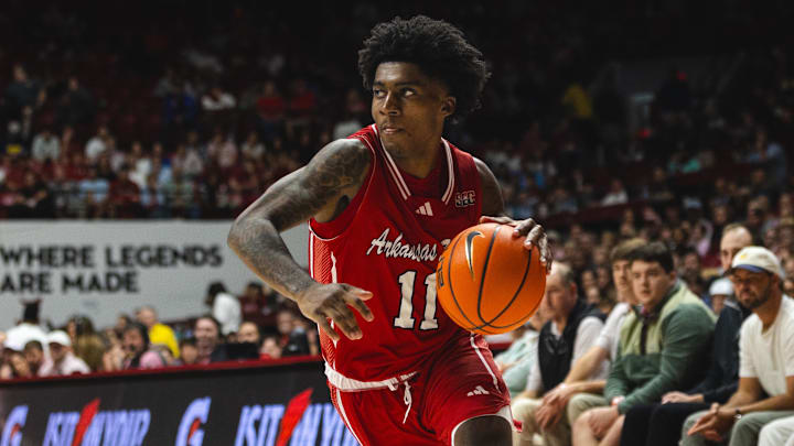 Nov 8, 2024; Tuscaloosa, Alabama, USA; Arkansas State Red Wolves guard Terrance Ford Jr. (11) drives against the Alabama Crimson Tide during the second half at Coleman Coliseum. Mandatory Credit: Will McLelland-Imagn Images