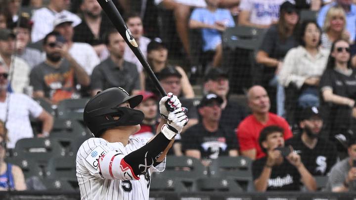May 16, 2026; Chicago, Illinois, USA;  Chicago White Sox first baseman Munetaka Murakami (5) hits a home run during the third inning against the Chicago Cubs at Rate Field. Mandatory Credit: Matt Marton-Imagn Images