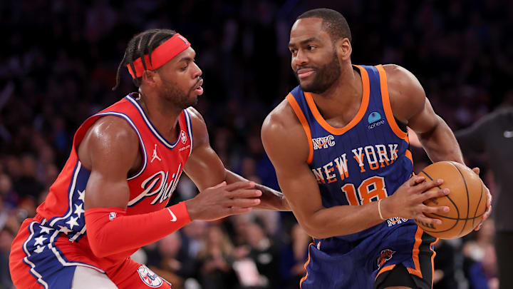 Mar 10, 2024; New York, New York, USA; New York Knicks guard Alec Burks (18) controls the ball