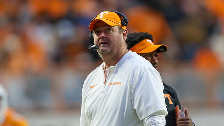 Nov 29, 2025; Knoxville, Tennessee, USA;  Tennessee Volunteers head coach Josh Heupel during the first half against the Vanderbilt Commodores at Neyland Stadium. Mandatory Credit: Randy Sartin-Imagn Images