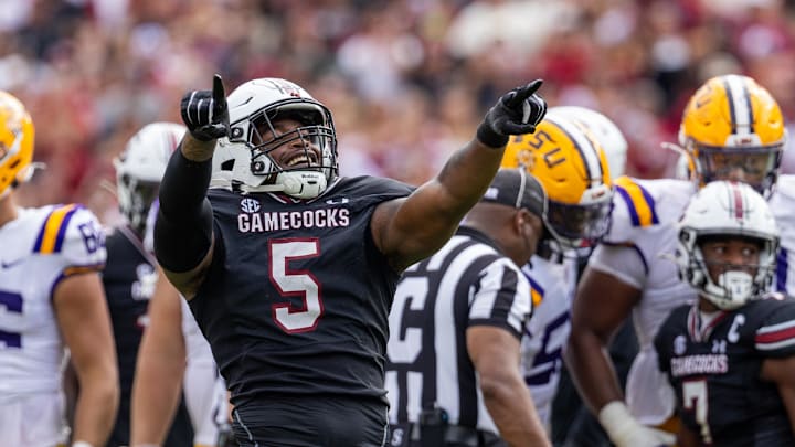 Sep 14, 2024; Columbia, South Carolina, USA; South Carolina Gamecocks running back Raheim Sanders (5) celebrates after a two point conversion against the LSU Tigers in the fourth quarter at Williams-Brice Stadium. Mandatory Credit: Scott Kinser-Imagn Images Sep 14, 2024; Columbia, South Carolina, USA; South Carolina Gamecocks running back Raheim Sanders (5) celebrates after a two point conversion against the LSU Tigers in the fourth quarter at Williams-Brice Stadium. Mandatory Credit: Scott Kinser-Imagn Images