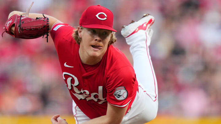 May 4, 2024; Cincinnati, Ohio, USA; Cincinnati Reds pitcher Andrew Abbott (41) follows through on a