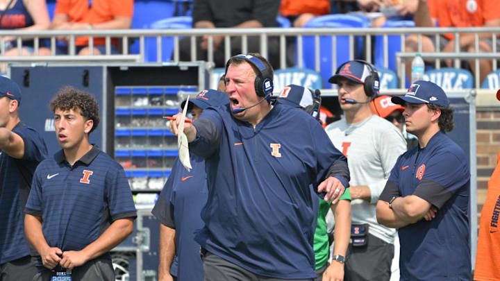 Sep 6, 2025; Durham, North Carolina, USA;  Illinois Fighting Illini head coach Bret Bielema reacts during the third quarter against the Duke Blue Devils at Wallace Wade Stadium. Mandatory Credit: Zachary Taft-Imagn Images