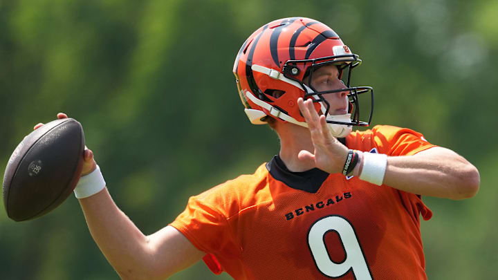 Jun 10, 2025; Cincinnati, OH, USA; Cincinnati Bengals quarterback Joe Burrow (9) throw during practice at Paycor Stadium. Mandatory Credit: Kareem Elgazzar-Imagn Images