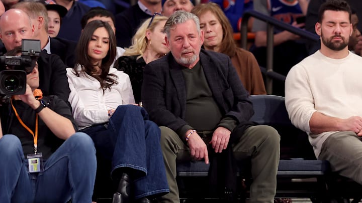 Dec 3, 2024; New York, New York, USA; New York Knicks executive chairman James Dolan sits court side during the first quarter against the Orlando Magic at Madison Square Garden. Mandatory Credit: Brad Penner-Imagn Images