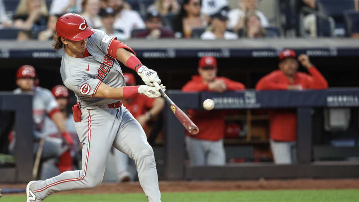 Jul 3, 2024; Bronx, New York, USA; Cincinnati Reds center fielder Stuart Fairchild (17) hits a solo home run in the fifth inning against the New York Yankees at Yankee Stadium. Mandatory Credit: Wendell Cruz-USA TODAY Sports