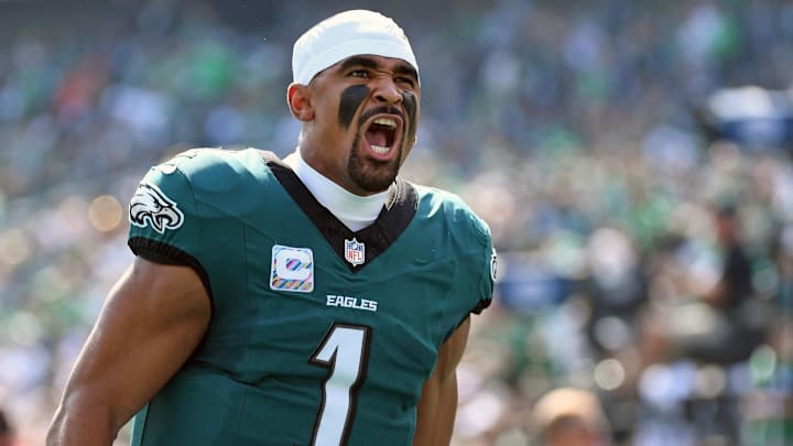 Philadelphia Eagles quarterback Jalen Hurts wore Jordan Trunner shoes before Sunday's game.