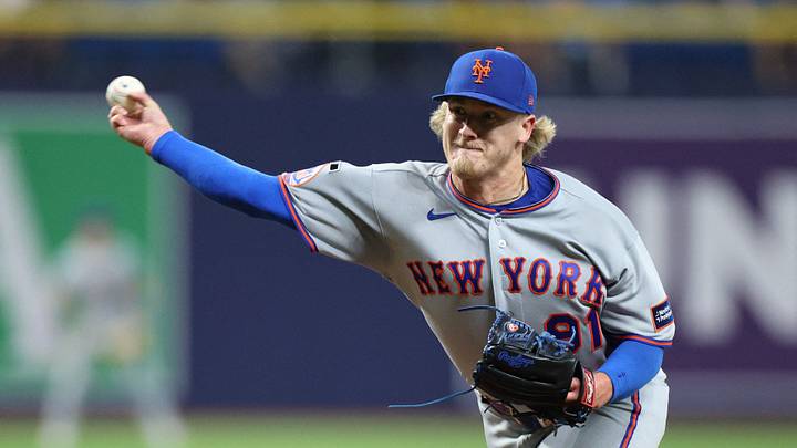 Sep 2, 2026; St. Petersburg, Florida, USA;  New York Mets pitcher Jonathan Pintaro (91) pitches in teh bottom of the ninth inning against the Tampa Bay Rays at Tropicana Field.  Mandatory Credit: Nathan Ray Seebeck-Imagn Images