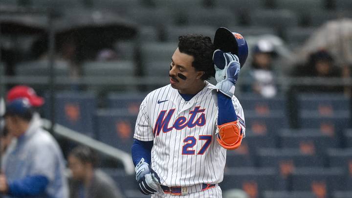 Sep 20, 2026; New York City, New York, USA; New York Mets first baseman Mark Vientos (27) reacts after striking out against the Philadelphia Phillies during the third inning at Citi Field. Mandatory Credit: John Jones-Imagn Images Sep 20, 2026; New York City, New York, USA; New York Mets first baseman Mark Vientos (27) reacts after striking out against the Philadelphia Phillies during the third inning at Citi Field. Mandatory Credit: John Jones-Imagn Images