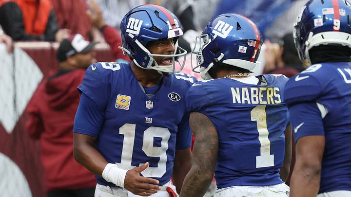Oct 11, 2026; Landover, Maryland, USA; New York Giants quarterback Jameis Winston (19) celebrates with Giants wide receiver Malik Nabers (1) after connecting on a touchdown pass against the Washington Commanders at Northwest Stadium. Mandatory Credit: Geoff Burke-Imagn Images Oct 11, 2026; Landover, Maryland, USA; New York Giants quarterback Jameis Winston (19) celebrates with Giants wide receiver Malik Nabers (1) after connecting on a touchdown pass against the Washington Commanders at Northwest Stadium. Mandatory Credit: Geoff Burke-Imagn Images