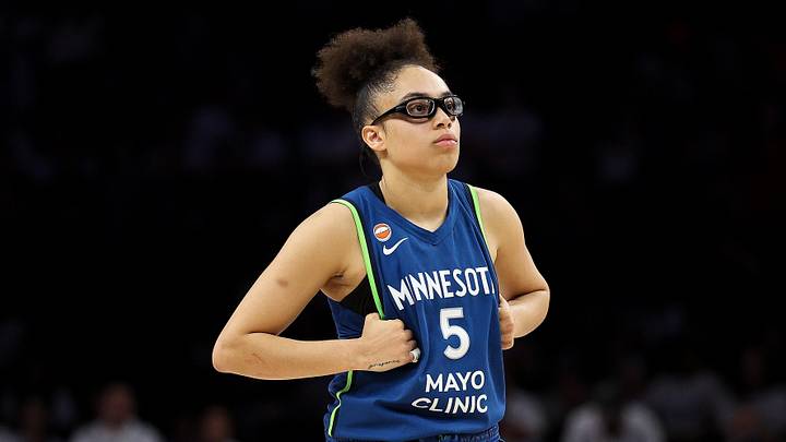 Jun 21, 2026; Minneapolis, Minnesota, USA; Minnesota Lynx guard Olivia Miles (5) reacts during the second half against the Washington Mystics at Target Center. Mandatory Credit: Matt Krohn-Imagn Images