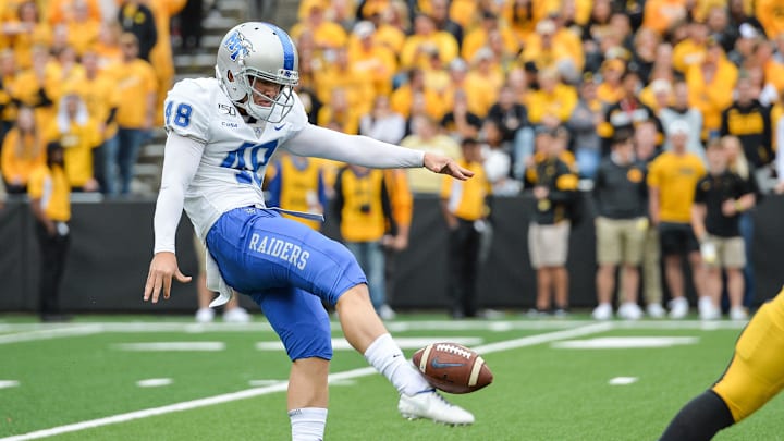 Sep 28, 2019; Iowa City, IA, USA; Middle Tennessee Blue Raiders punter Kyle Ulbrich (48) in action against the Iowa Hawkeyes at Kinnick Stadium. Mandatory Credit: Jeffrey Becker-USA TODAY Sports