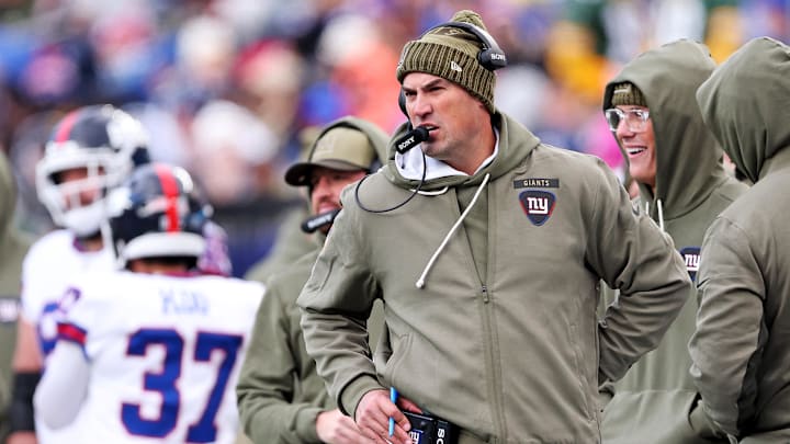 Nov 16, 2025; East Rutherford, New Jersey, USA; New York Giants interim head coach Mike Kafka on the sidelines during the fourth quarter of the game against the Green Bay Packers at MetLife Stadium.  