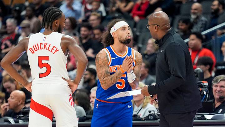 Oct 13, 2026; Toronto, Ontario, CAN; New York Knicks guard Jose Alvarado (5) talks to head coach Mike Brown as Toronto Raptors guard Immanuel Quickley (5) looks on during the first half at Scotiabank Arena. Mandatory Credit: John E. Sokolowski-Imagn Images Oct 13, 2026; Toronto, Ontario, CAN; New York Knicks guard Jose Alvarado (5) talks to head coach Mike Brown as Toronto Raptors guard Immanuel Quickley (5) looks on during the first half at Scotiabank Arena. Mandatory Credit: John E. Sokolowski-Imagn Images