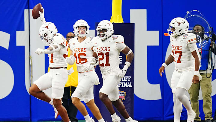 Jan 1, 2024; New Orleans, LA, USA; Texas Longhorns wide receiver Bryce Chambers (37) celebrates