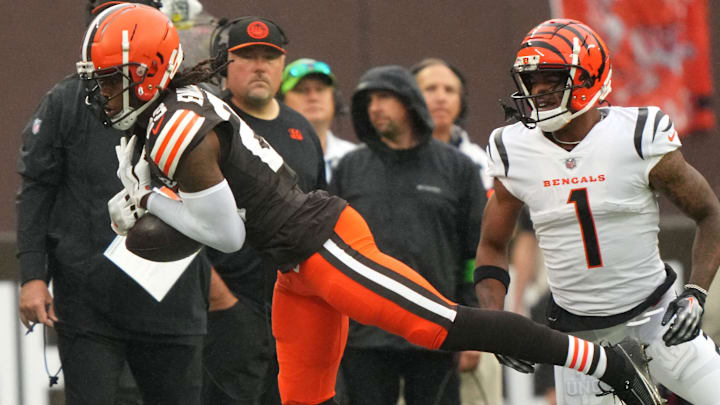 Cleveland Browns cornerback Martin Emerson Jr. (23) nearly intercept a pass intended for Cincinnati Bengals wide receiver Ja'Marr Chase (1) in the first quarter of an NFL football game between the Cincinnati Bengals and Cleveland Browns, Sunday, Sept. 10, 2023, in Cleveland.