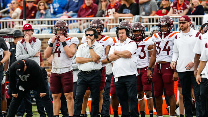 Nov 12, 2022; Durham, North Carolina, USA; Virginia Tech Hokies head coach Brent Pry watches during the second half against Duke Blue Devils at Wallace Wade Stadium. Mandatory Credit: Jaylynn Nash-Imagn Images Nov 12, 2022; Durham, North Carolina, USA; Virginia Tech Hokies head coach Brent Pry watches during the second half against Duke Blue Devils at Wallace Wade Stadium. Mandatory Credit: Jaylynn Nash-Imagn Images